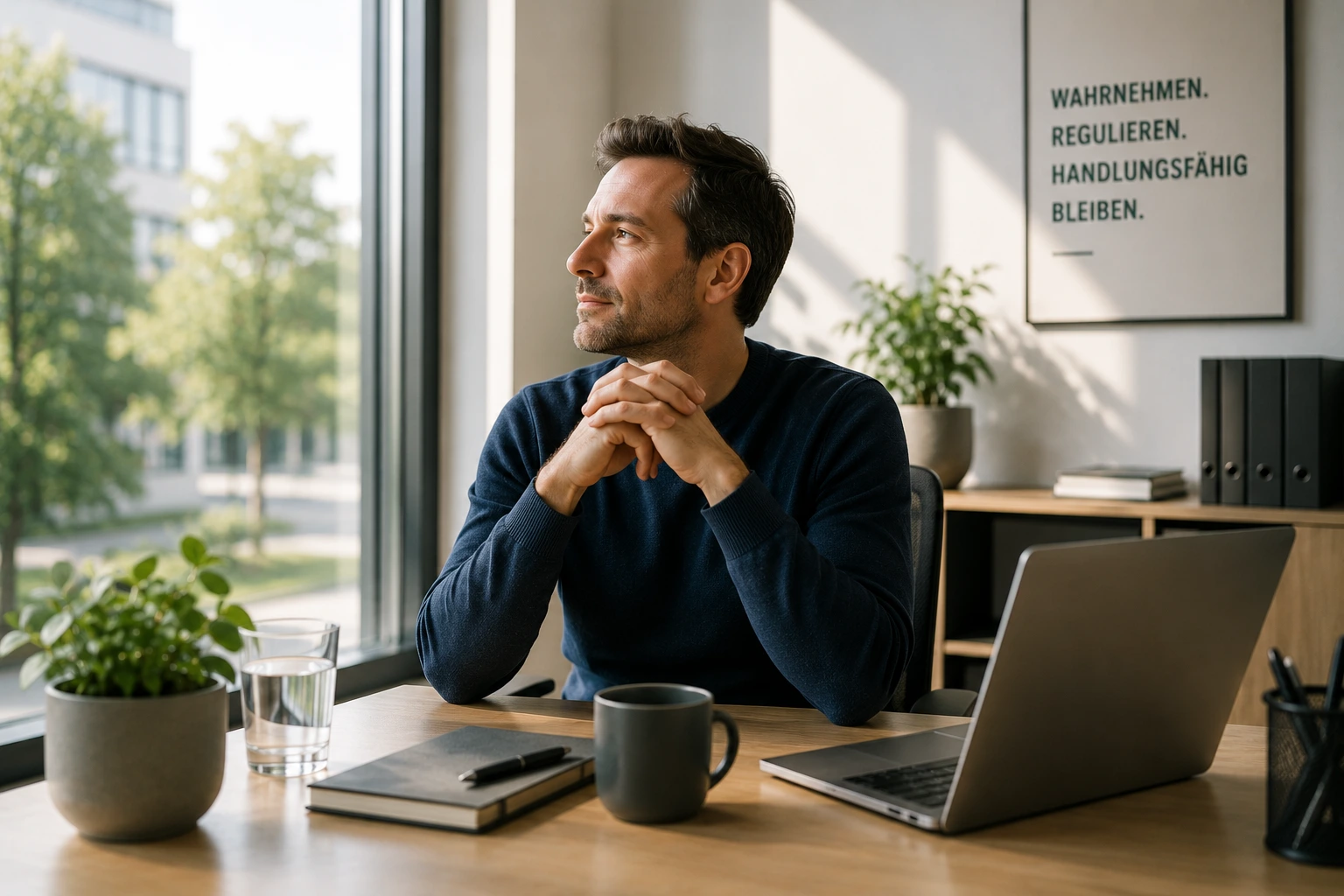 Berufstätiger nimmt sich am Arbeitsplatz einen bewussten Moment zum Innehalten und Fokussieren